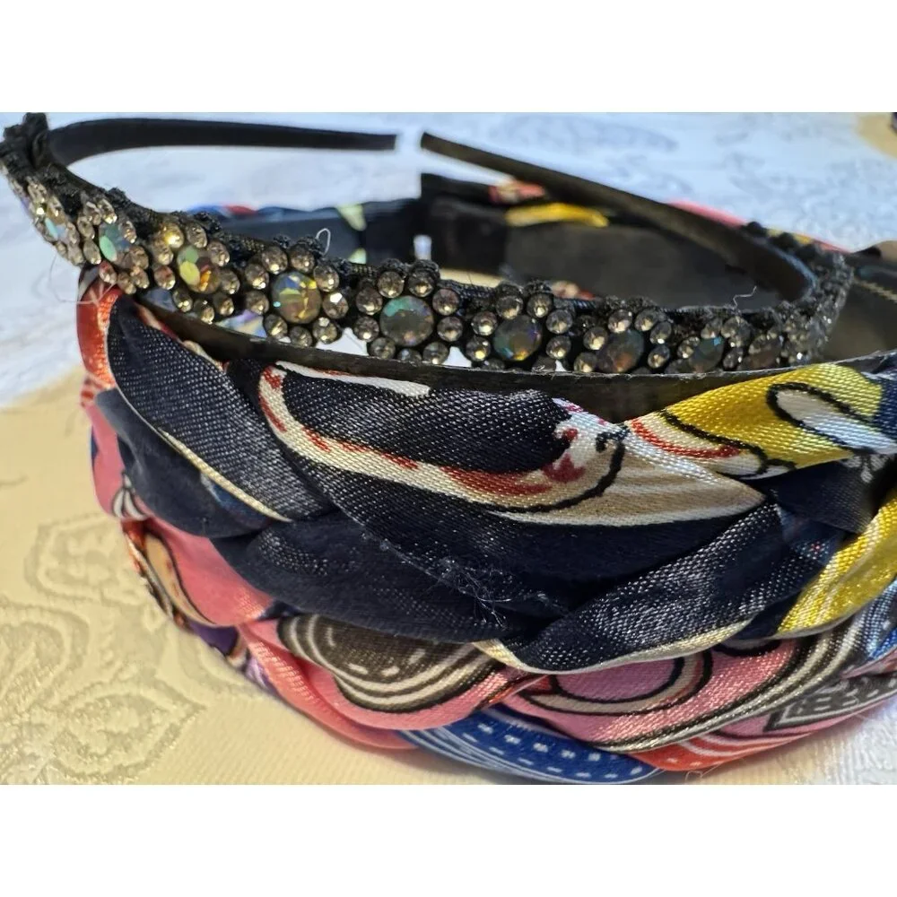 3 PC Hair Accessories Bundle Lot Headband Braided Satin & Thin Rhinestone NEW